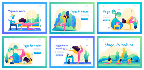 Collection of landing pages about meditation. The girl does yoga, meditates, pumps internal installations, money meditation, healing meditation