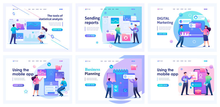 Collection of business landing pages. Men and women manage business processes, planning, digital marketing, strategies. Flat Cartoon characters