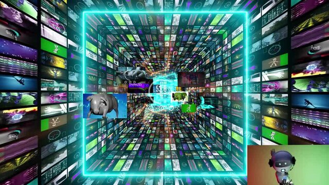 animation of many videos in collage montage with zoom tunnel video effect neon lights glowing squares