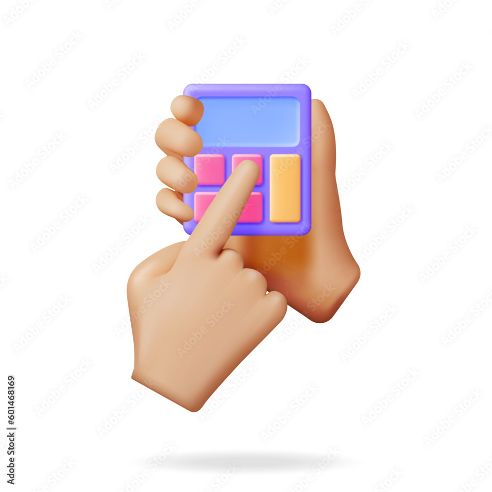 Poster 3d modern calculator and hand isolated. render mathematics icon. addition, subtraction, multiplicati