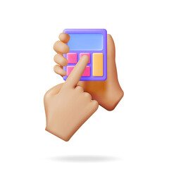 3D Modern Calculator and Hand Isolated. Render Mathematics Icon. Addition, Subtraction, Multiplication and Division Buttons. Arithmetic Operations. Financial Math Device Calculate. Vector Illustration