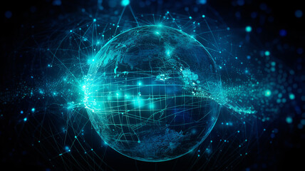 Digital data globe - abstract illustration of a scientific technology data network surrounding planet earth conveying connectivity