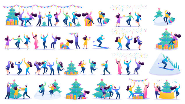 Big set of Happy Christmas Happy people, characters in a flat cartoon style, dancing, celebrating Christmas. Set with gifts, toys, Christmas trees and dancing people