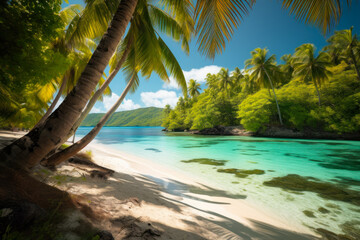turquoise tropical beach with clear water surrounded by palm tree, summer holidays generative ai