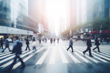 Obraz premium Rush hour in city. Unrecognizable people walking at city street, motion blur effect. Pedestrians at crossroad. Created with Generative AI