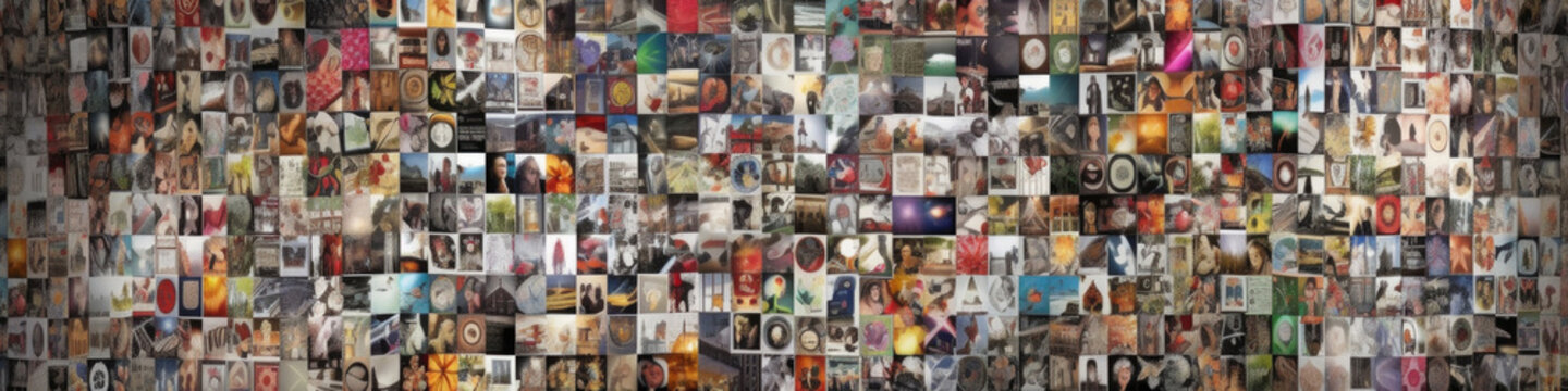 Wall with many images as pattern. Many unfocused photos background. Created with Generative AI