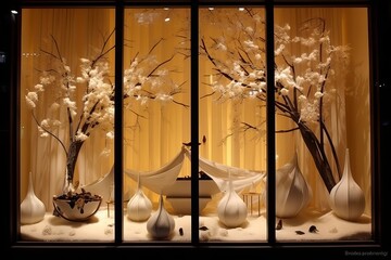 Luxury boutique exterior, window display, generative ai