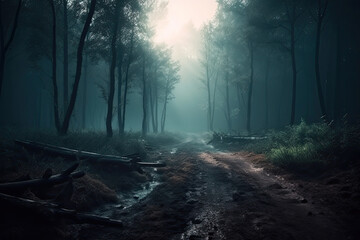 Obraz premium Mystical forest landscape with trees silhouettes in dark. Path in magical dreamy forest. Created with Generative AI