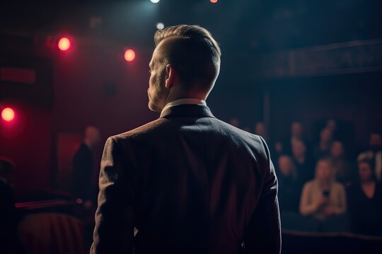 Spokesman In Business Suit Giving A Conference In A Crowded Auditorium, Generative Ai