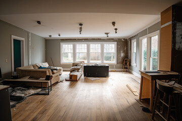 Fototapeta premium Renovation concept. Living room interior prepared for repair. Unfinished construction in apartment. Created with Generative AI