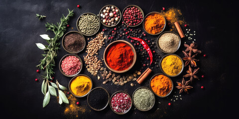 Obraz na płótnie Canvas Colourful various spices and herbs for cooking on dark stone background, Generative ai