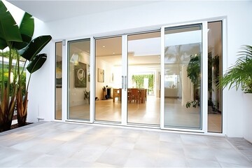 Obraz premium Aesthetic home entrance with large glass sliding doors with lots of copy space, generative AI