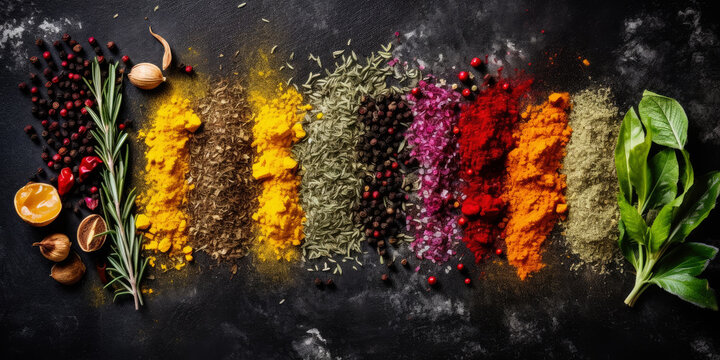 Colourful various spices and herbs for cooking on dark stone background, Generative ai