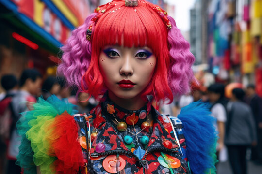 Harajuku girl in Tokyo, beautiful woman portrait, Japanese girl wearing mix modern contemporary clothes fashion style, Generative Ai