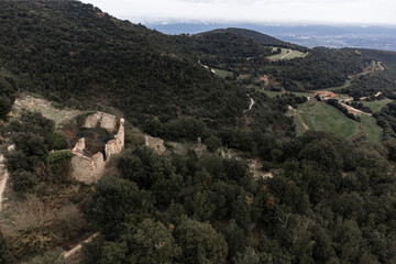 Romanesque Ruins Aerial Amidst Overcast Forest