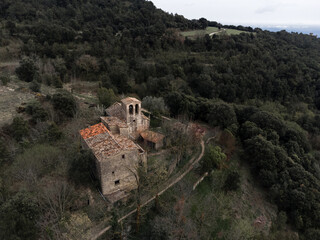 Aerial View of Mountain Homes, Church, and Overcast Sky