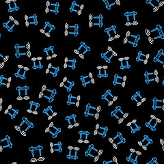 Line Router and wi-fi signal icon isolated seamless pattern on black background. Wireless ethernet modem router. Computer technology internet. Vector