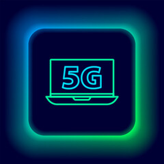 Glowing neon line Laptop with 5G new wireless internet wifi icon isolated on black background. Global network high speed connection data rate technology. Colorful outline concept. Vector
