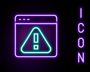 Glowing neon line Browser with exclamation mark icon isolated on black background. Alert message smartphone notification. Colorful outline concept. Vector