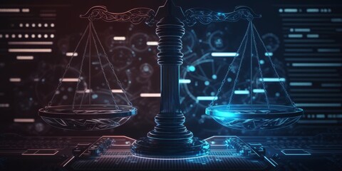 Symbolic representation of law scales placed against a background of a data center, representing the duality of judiciary, jurisprudence, justice, and the influence of data in the modern.Generative AI - obrazy, fototapety, plakaty