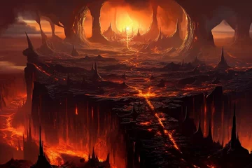 Gordijnen Muspelheim Realm of the Fire.  A Volcanic Landscape from Viking Sagas. Fantasy Nordic Mythology and Viking Mythology. Generative AI © Immersive Dimension