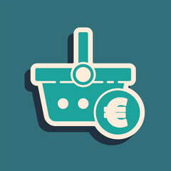 Green Shopping basket and euro symbol icon isolated on green background. Online buying concept. Delivery service. Shopping cart. Long shadow style. Vector Illustration