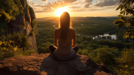 Naklejka na ściany i meble Woman meditating on a rock at the edge of a cliff overlooking a beautiful sunset. Generative AI