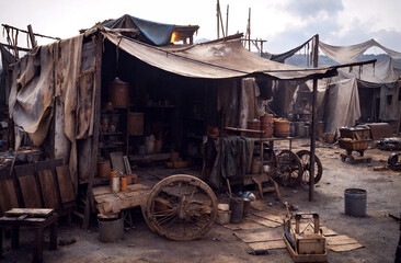Slums, shacks, poor, small, old shabby houses in the slum district.