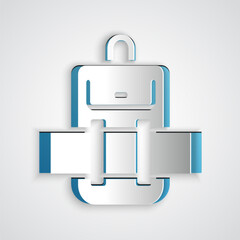 Paper cut Hiking backpack icon isolated on grey background. Camping and mountain exploring backpack. Paper art style. Vector