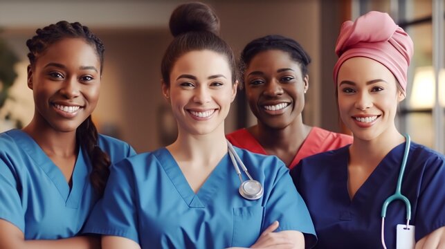 Portrait group of diverse Female nurses together, generative ai