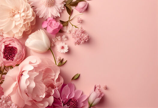 Mother's day, womens's day background, pink and white flowers , flat lay, pink pastel background. High quality photo Generative AI