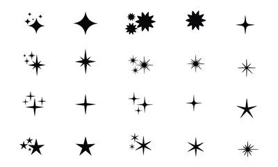 Stars sparkle compositions. Shine black stars stencil, isolated diverse sparkling elements. Sky objects, blink vector signs clipart
