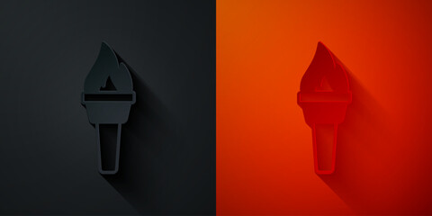 Paper cut Torch flame icon isolated on black and red background. Symbol fire hot, flame power, flaming and heat. Paper art style. Vector