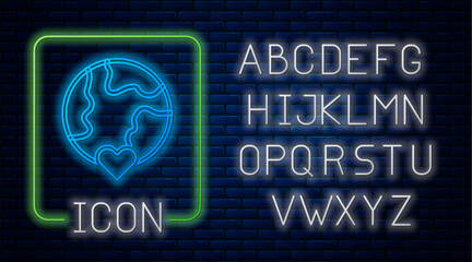Glowing neon The heart world - love icon isolated on brick wall background. Neon light alphabet. Vector