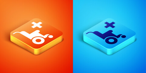 Isometric Wheelchair for disabled person icon isolated on orange and blue background. Vector