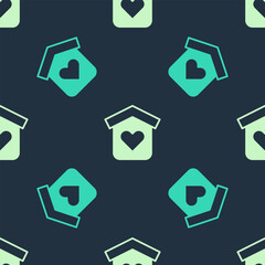 Green and beige Shelter for homeless icon isolated seamless pattern on blue background. Emergency housing, temporary residence for people, bums and beggars without home. Vector