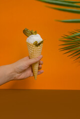 Ice cream with marinade and pickled cucumber in a waffle cone. Delicious summer dessert. Unusual food. Vegan food. Vertical photo with bright background