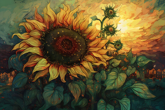 A colourful painting of a sunflower and sun in the background. Generative Ai.