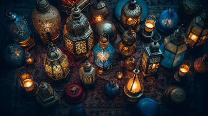 Fototapeta premium Ramadan Nights - A Flat Lay of Glowing Lanterns. Generative AI.