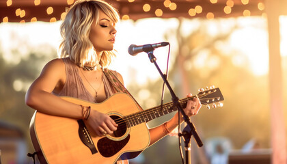 Female Country music performer, sing-a-song writer in USA. Generative AI illustrations