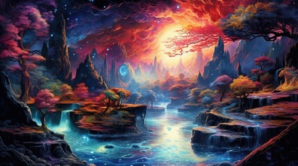 Illustration of an explosion of colors in an otherworldly landscape
