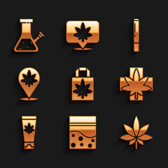 Set Shopping paper bag of marijuana, Plastic cannabis, Marijuana or leaf, Medical, cream with, Location and, joint and Glass bong for smoking icon. Vector
