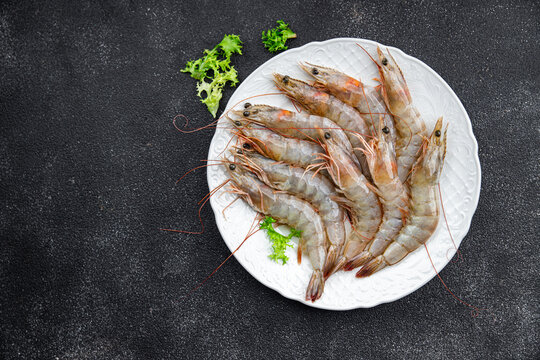 raw shrimp gambas prawn seafood meal food snack on the table copy space food background rustic top view