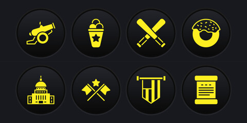 Set White House, Donut, American flag, Crossed baseball bat, Ice cream in waffle cone, Declaration of independence and Cannon icon. Vector