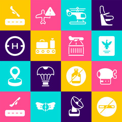 Set No Smoking, Airship, Passport, Helicopter, Conveyor belt with suitcase, landing pad, Plane and icon. Vector