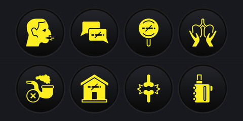 Set Smoking pipe with smoke, Lungs, No smoking at home, Joint pain, knee pain, Electronic cigarette and Man coughing icon. Vector