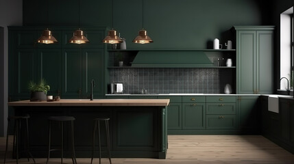 View of a beautifully decorated green kitche. Generative Ai