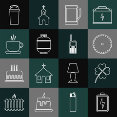 Set line Battery, Four leaf clover, Circular saw blade, Glass of beer, Propane gas tank, Coffee cup, Fitness shaker and Walkie talkie icon. Vector