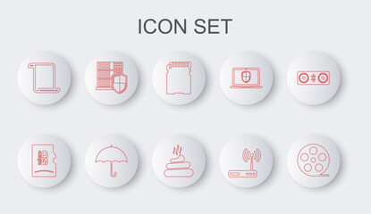 Set line Film reel, Micro SD memory card, Router and wi-fi, Paper scroll, Server with shield, Umbrella and Shit icon. Vector