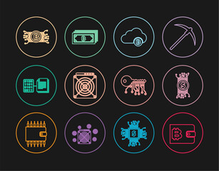 Set line Cryptocurrency wallet, bitcoin in circuit, cloud mining, ASIC Miner, Smart contract, key and icon. Vector